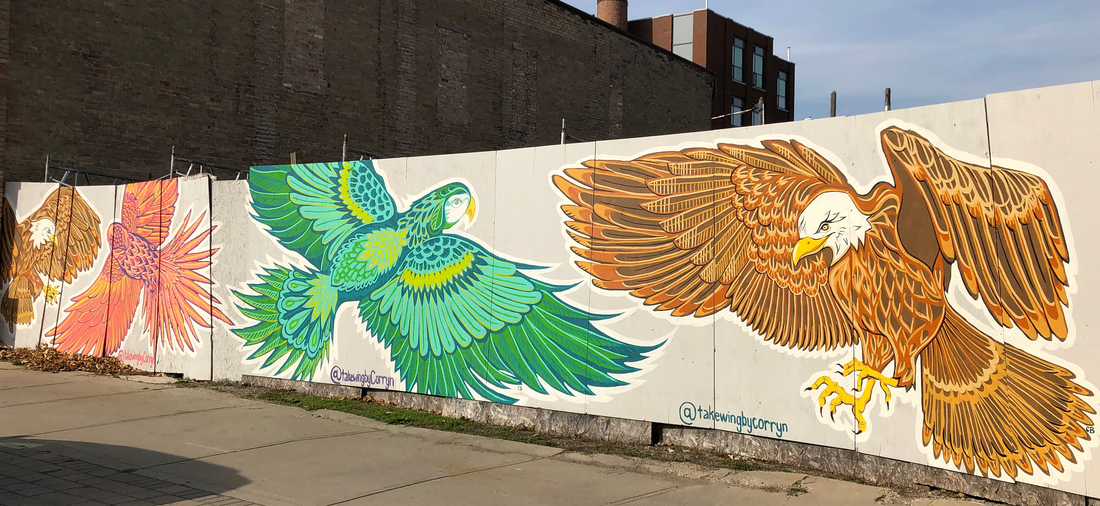 bird mural painted by artist corryn bamber - dundas street, downtown woodstock ontario